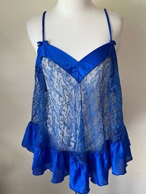 VTG Lingerie 80s 90s M/L Blue Lace Babydoll Ruffle Bow Top Nightgown Nightie